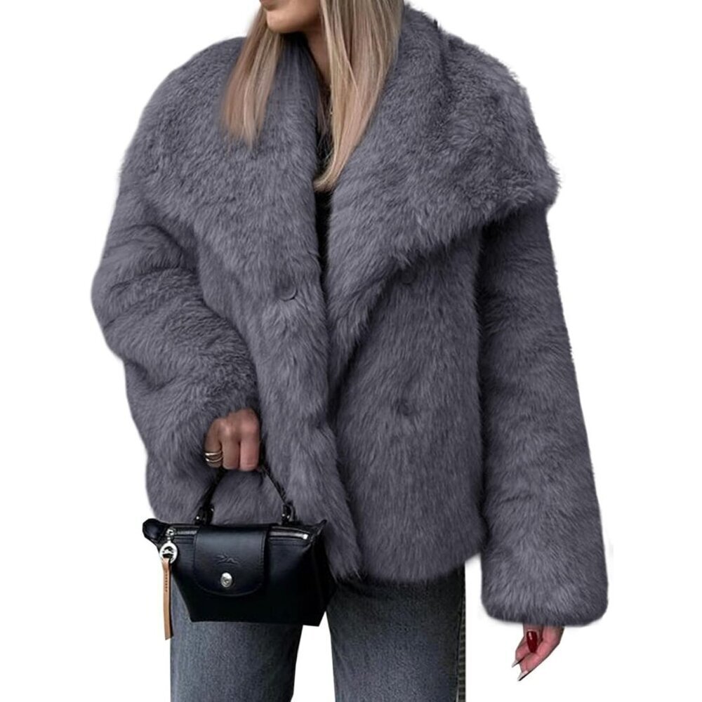 Women's Faux Fur Coat Winter Shaggy Casual Oversized Lapel Jacket Warm Dark Grey